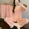 High-Value Mori Style Simple Imitation Cotton Edge Pajamas Women'S Summer Short-Sleeved Sweet Three-Piece Set