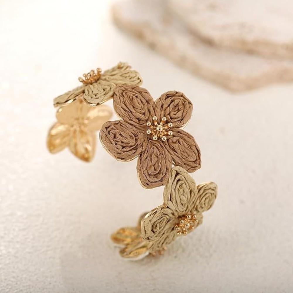C-shaped Woven Flower Bangle Vintage Hand Ring Retro Raffia Grass Bracelet Daily