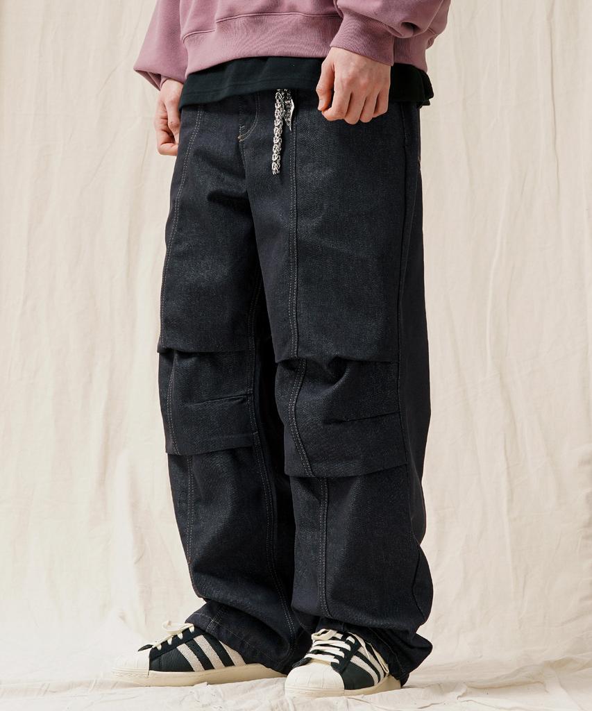 JEMUT Mid-Wide Parachute Denim Pants Indigo Solp2557