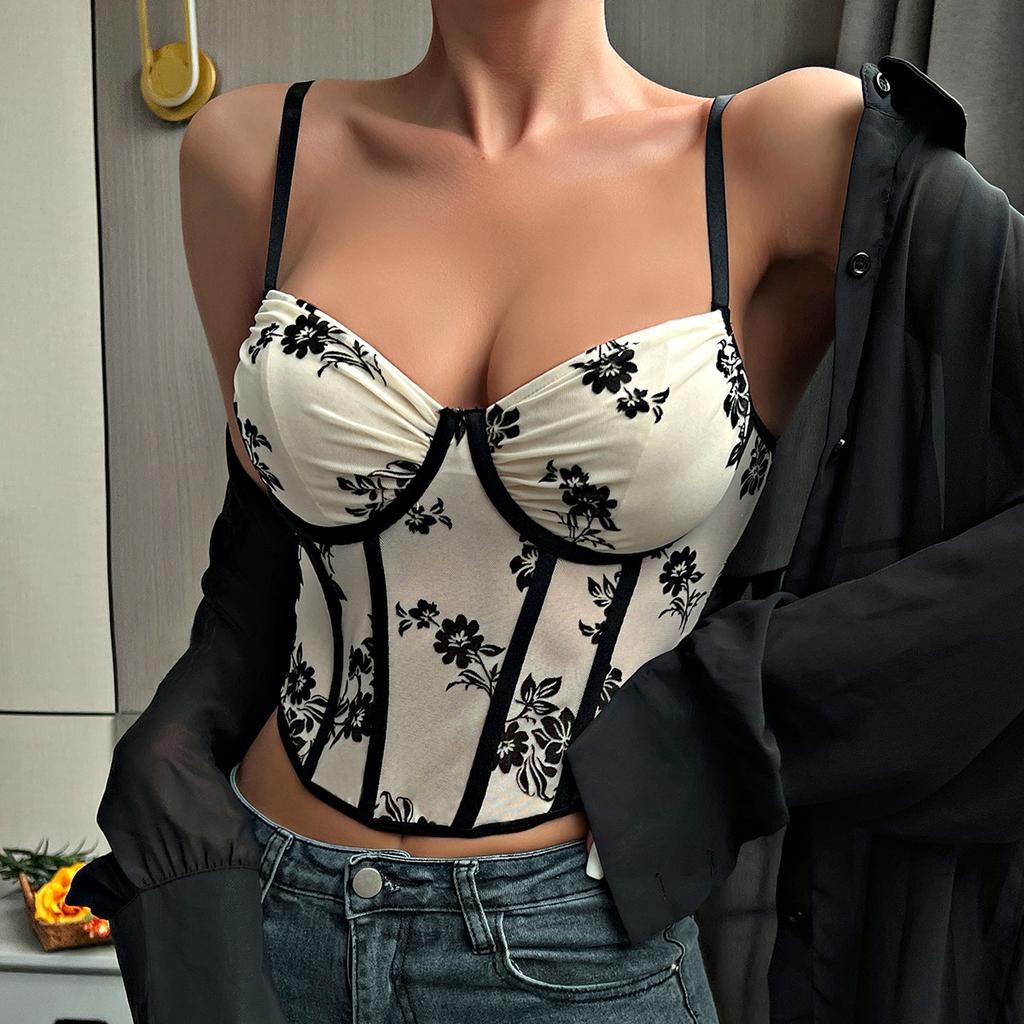 New Deep V Low Chest Steel Ring Embroidered Corset