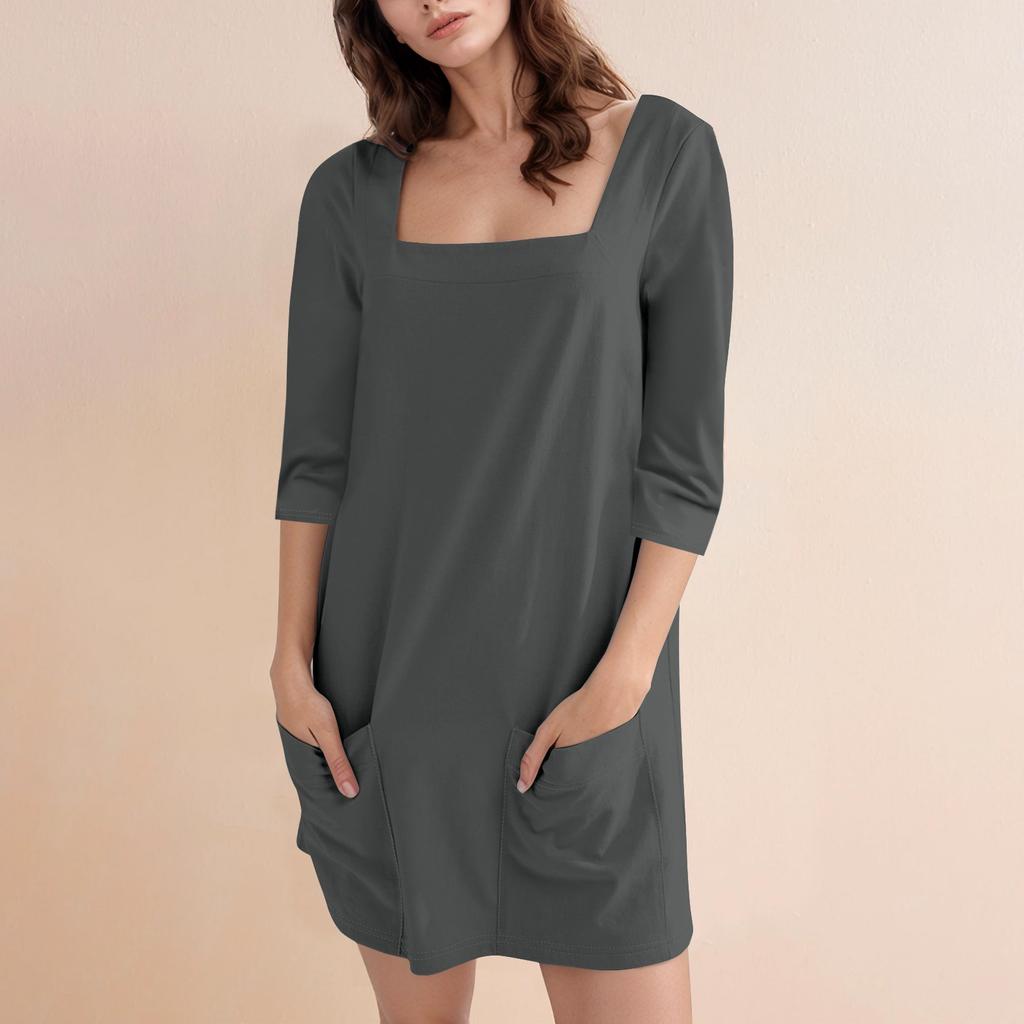 Женское модное повседневное однотонное короткое платье с квадратным вырезом и рукавом 3/4