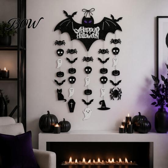 Wall Hanging Bat Set Happy Halloween Door Sign, Spooky Skull Spider Paper Haunted House Decorations Ornament, Large Hanger for Party Supplies