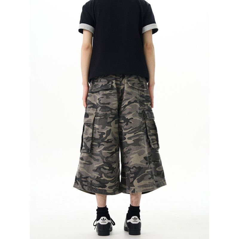 Kisko American Retro Washed Distressed Camouflage Wide-Leg Denim Shorts for Men and Women, New Loose Straight-Leg Cropped Pants