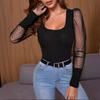 Women's Summer New U-neck Mesh Sleeve Solid Color Versatile Slim Temperament T-shirt Women's Top