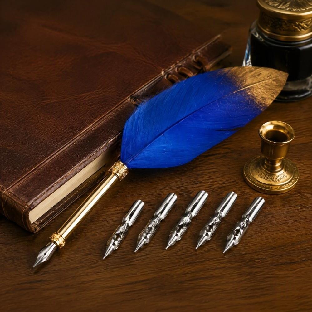 24cm/9.4in Calligraphic Pen Set Blue Dip Pen Set Replacement Feather Pen Kit Calligraphy Practice