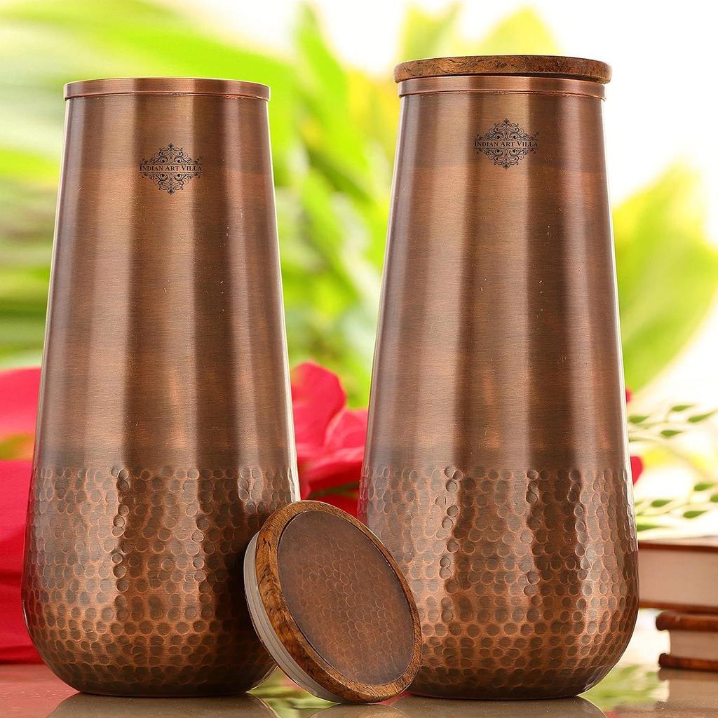 Pure Copper Bedroom Water Bottle with Wooden Lid, Aqua Vase Design with Bottom Hammered Dark Lacquer Finish - Volume 1300 Ml (Pack of 2)