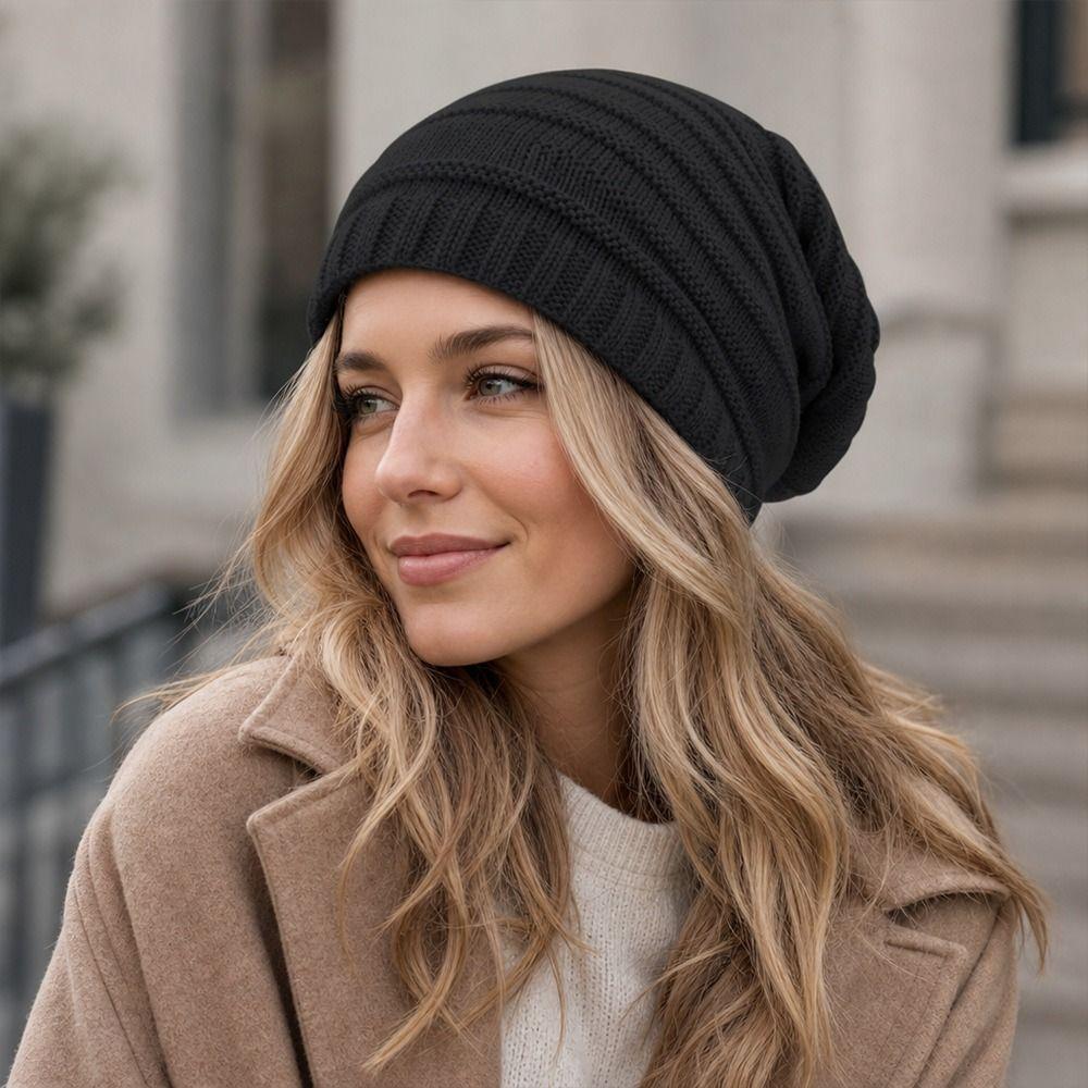 Stripe Knit Texture Knit Slouch Hat Solid Color Unisex Beanie Cap New Slouchy Beanie