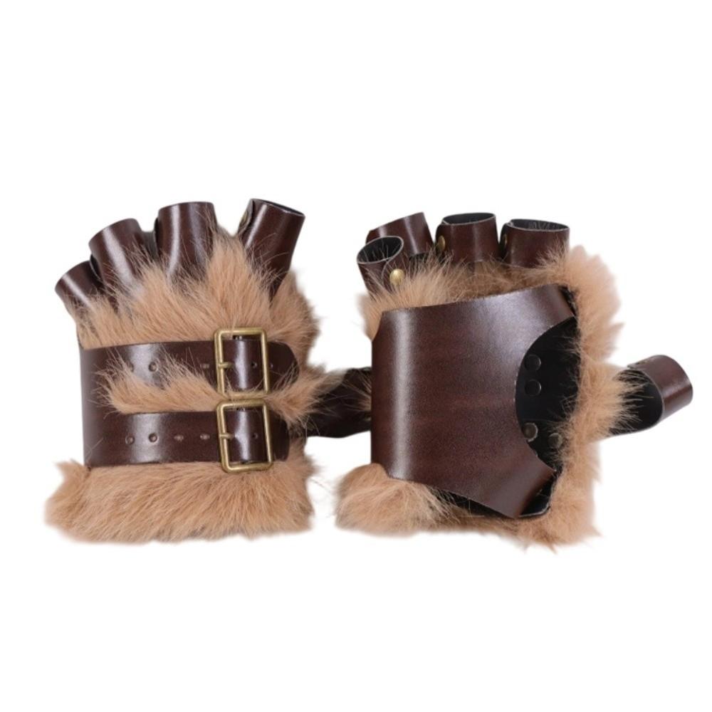 Furry Fingerless Gloves Faux Fur Gauntlet Vintage PU Leather Mittens Viking