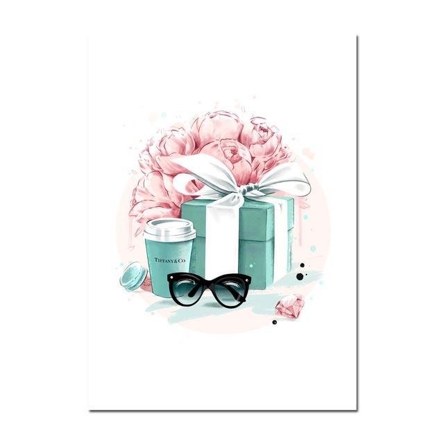 Home Decor Wall Art Canvas Painting Fashion Girl Glasses Flower Gift Bow Picture Prints Nordic Watercolor Poster Modular Bedroom No Framed