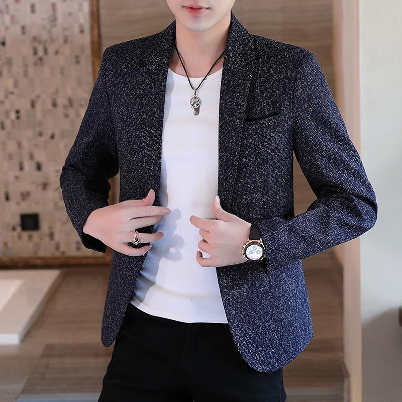 Мужской приталенный деловой повседневный пиджак корейской моды из полиэстера для всех сезонов в эксклюзивном стиле
