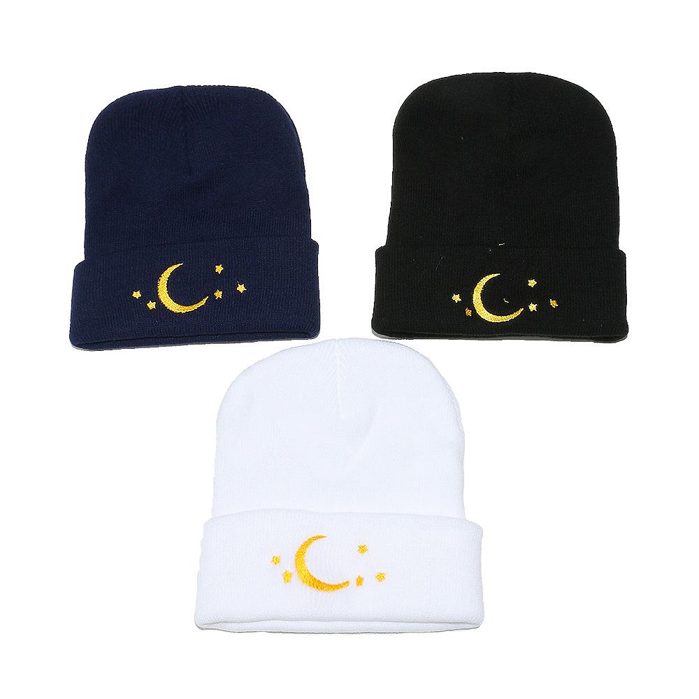 Модная универсальная шерстяная шапка бини с вышивкой в виде звезды и луны, вязаная шапка, шапка-пуловер для мужчин и женщин