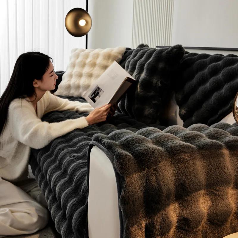 Warm Velvet Non-Slip Cushions Winter Thick Plaid Plush Sofa Cover Living Room Flannel Couch Covers Universal Armrest Back Towel