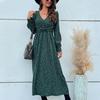 Green Leopard Print Chic Women Dress High Waist Long Sleeve V Neck Long Dress