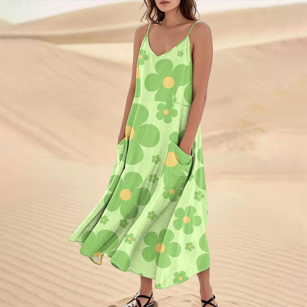 Women's Casual V Neck Floral Print Sleeveless Pocket Suspender Dress