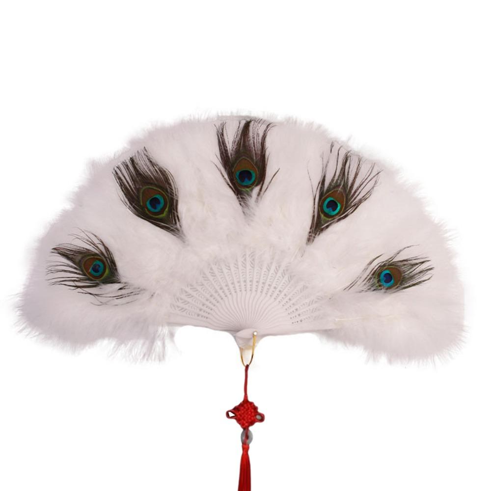 Handheld Peacock Feather Fan With Tassel Feather Dance Fan Elegant Folding Hand Fan Home