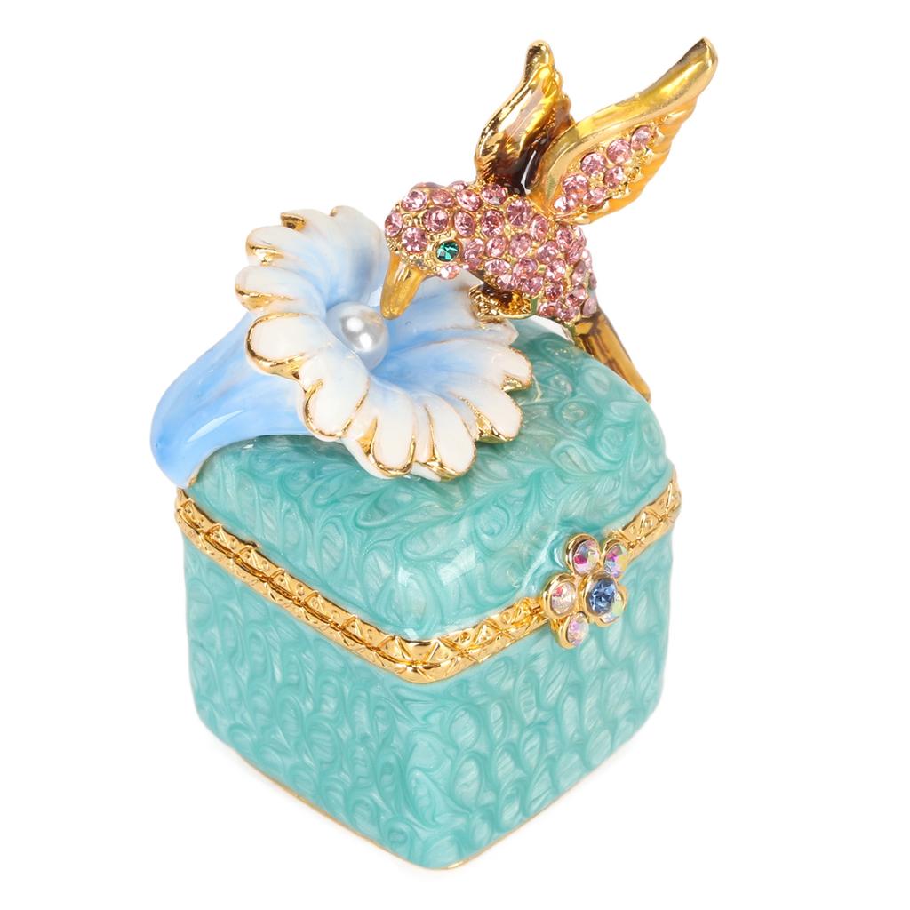 Bird Figurine Jewelry Box Hand Painted Decorative Metal Mini Hinged Jewelry Holder for Rings Earrings Necklaces Blue