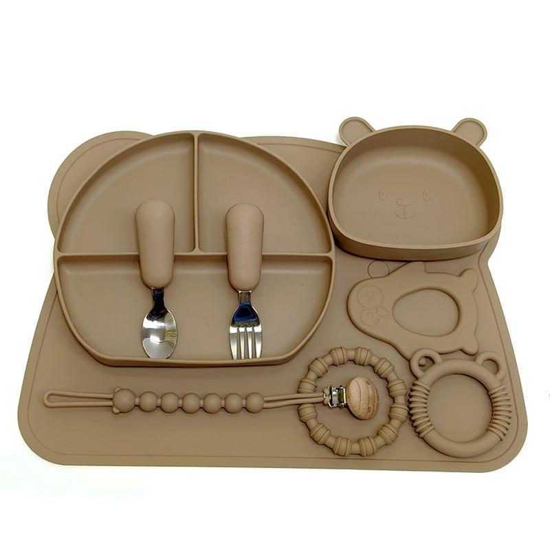 Silicone Baby Fork Spoon Plate Set With Suction Cup Children Eating Bowl Baby Supplementary Tableware Set