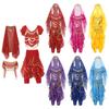 Kids Girls Belly Dance Outfit Lace-Up Crop Top Puff Sleeves Ruffled Pants Hip Scarf and Headband Set