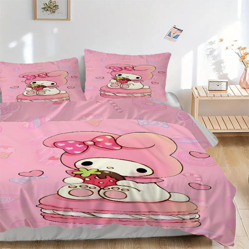 3 шт. Набор постельного белья с рисунком розовых макарон и My Melody, 1* Пододеяльник + 2* Наволочки, Набивной комплект постельного белья, Мягкий и удобный.S068
