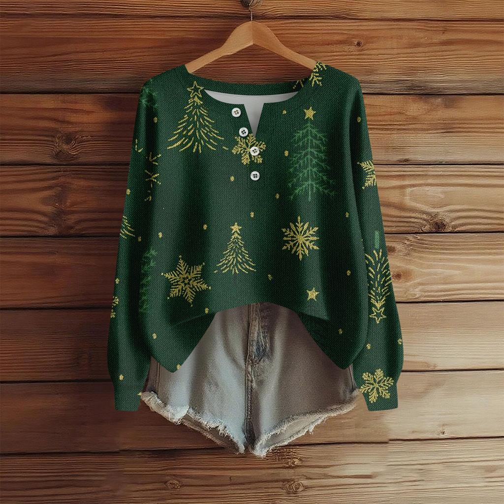 Women's Fashion Long Sleeve Christmas Snowflake Print Top Elegant Casual Top