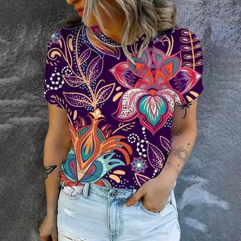 Elegant Women's T-shirt Fashion Retro Flower 3D Pattern Print T-shirt Women's Short Sleeved T-shirt Summer Leisure T-shirt
