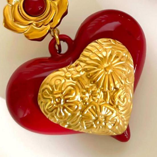 Red Heart Dangle Earrings Love Heart Dangle Drop Earrings with Flowers Women Hypoallergenic Artistic Earrings for Dating Party