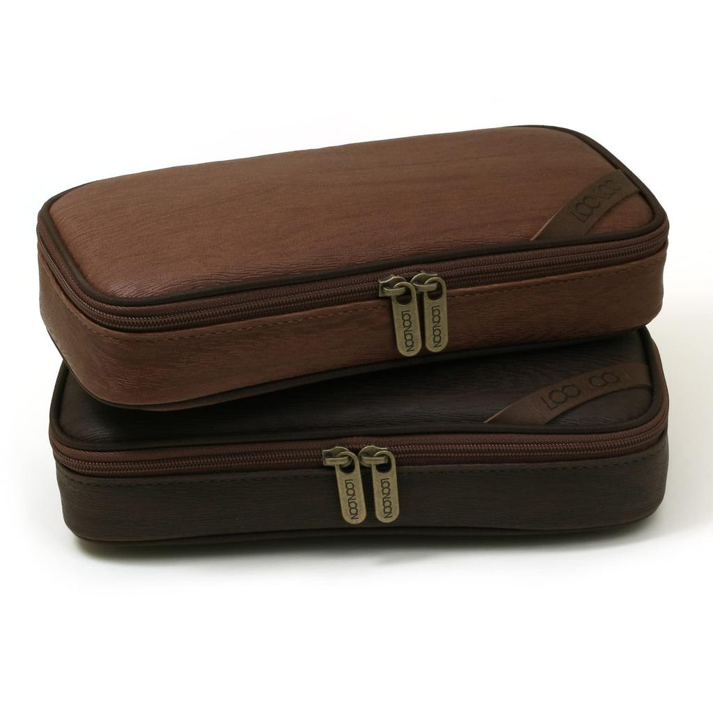 LOONLOON 664 Wood Pencil Large Wood Grain Case, Brown, Capacity, Stylish, Two-story, Multi-functional,