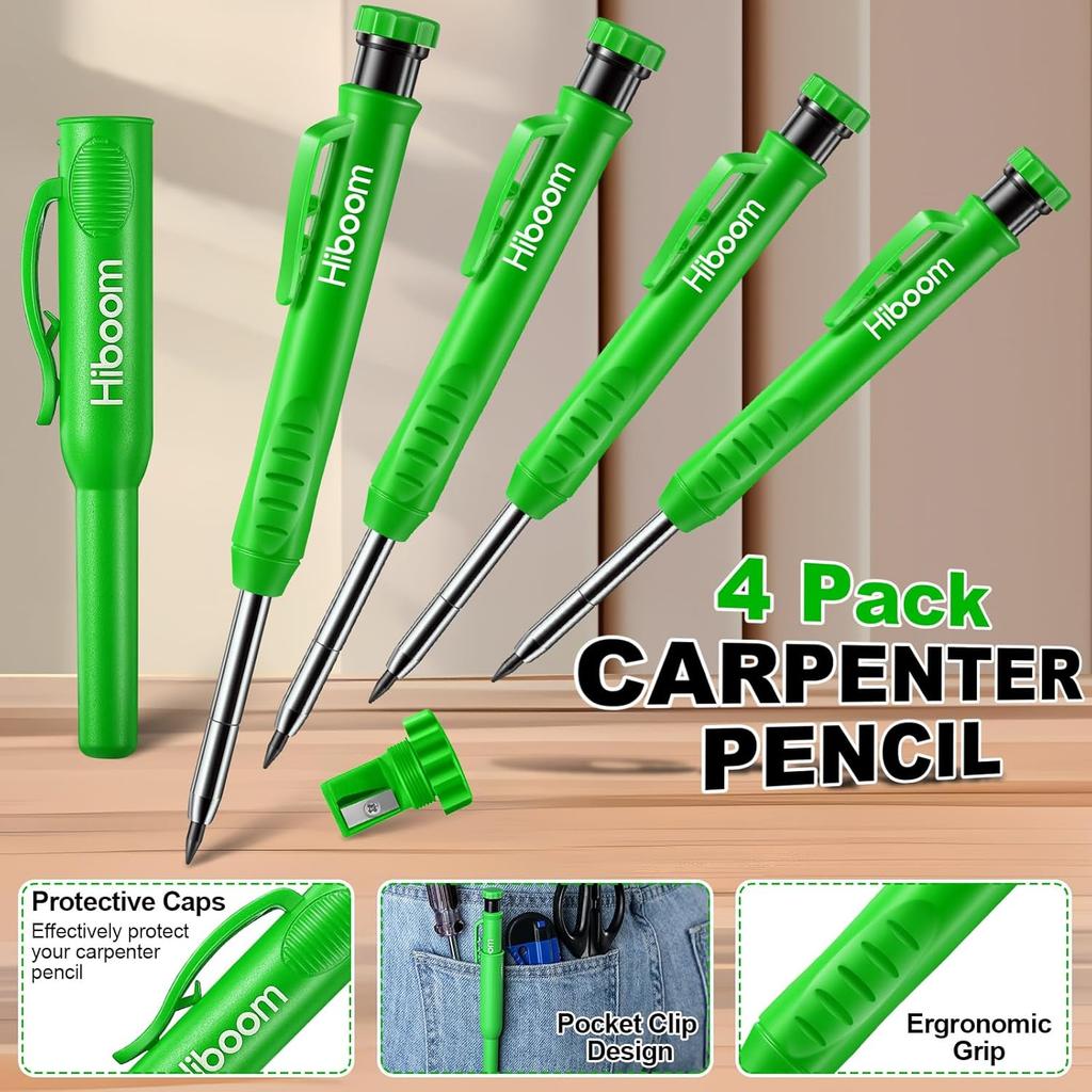 Hiboom 4 Pack Carpenter Pencils with 36 Refills (Red, Black, Yellow), 2.8 mm Heavy Duty Woodworking Marking Tool Built In Sharpener Ideal for Marking