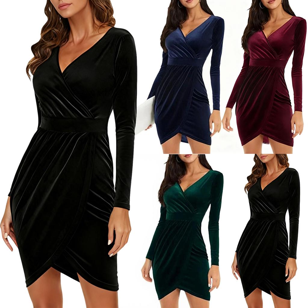 Women's Velvet Dress Sexy Pleated Slim Deep V-neck Elegant Long Sleeve Wrap Party Evening Gown Dress