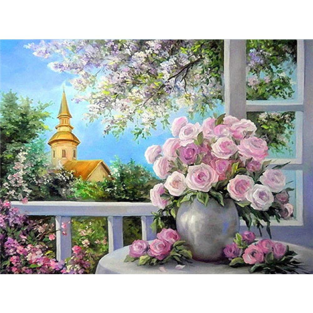 5D DIY Алмазная картина Цветочная мозаика Окно Полный дрель Алмазная вышивка Ремесленный комплект Изображение Горный хрусталь Домашний декор