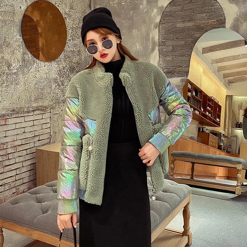 New Fashion Autumn Winter Women's Short Glossy Stand-up Collar Lamb Wool Stitching Down Cotton Jacket Pure Color Zipper Cotton Jacket