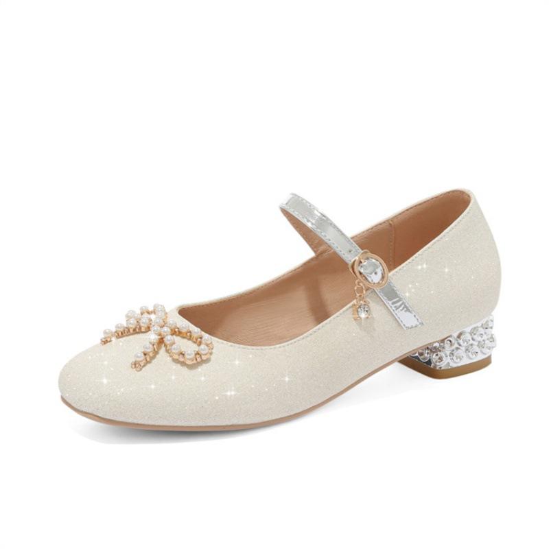 Весенние туфли принцессы для девочек 2025 Новые туфли на толстом каблуке с квадратным носком, низкие, с бантом и пайетками, студенческие детские одинарные туфли