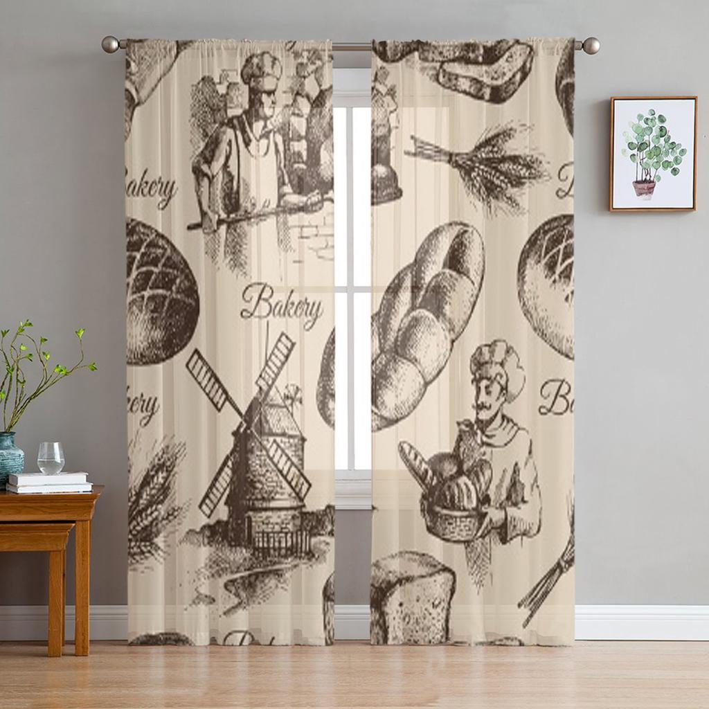 Bakery Sketch Seamless Pattern Tulle Sheer Curtains for Living Room the Room Bedroom Kitchen Decoration Voile Organza Curtains