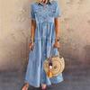 Women Denim Dress Short Sleeve Single-breasted Turn Down Collar Pockets Loose Maxi