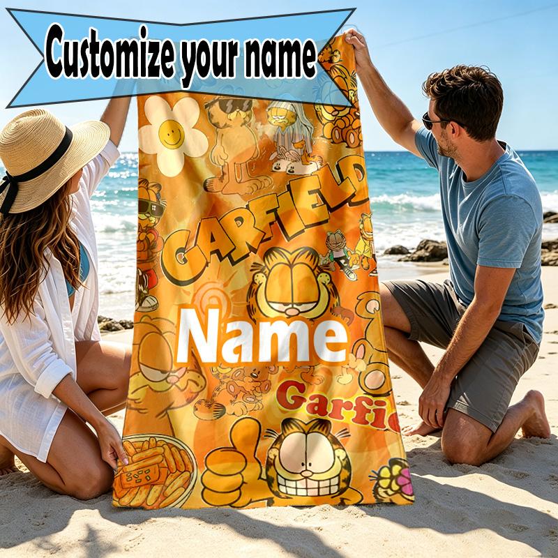 Custom Name Personalized Garfield Print Beach Towel, for Trip Camping Beach Party Home Decor, Birthday Gift for Family & Friends