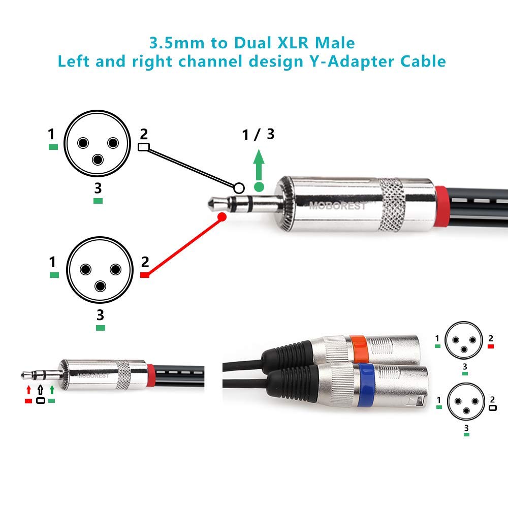 MOBOREST 3,5 мм - 2XLR Male Mic Cable, Dual XLR - 3,5 мм TRS Stereo Mini Jack AUX Interconnect Y-Type Adapter Cable (3,5 мм на двойной XLR-штекер на 3 м)