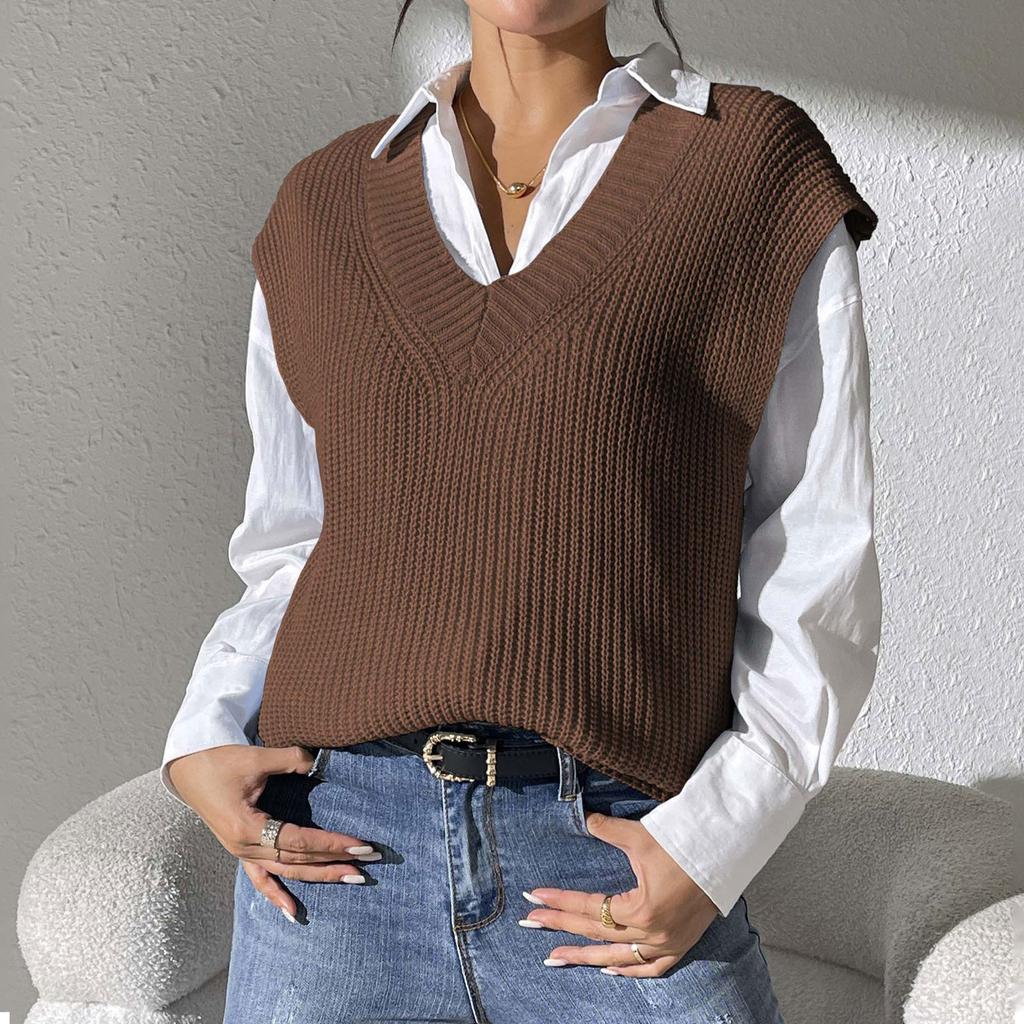 Женский весенне-осенний новый жилет с v-образным вырезом, свитер машинной вязки, жилеты