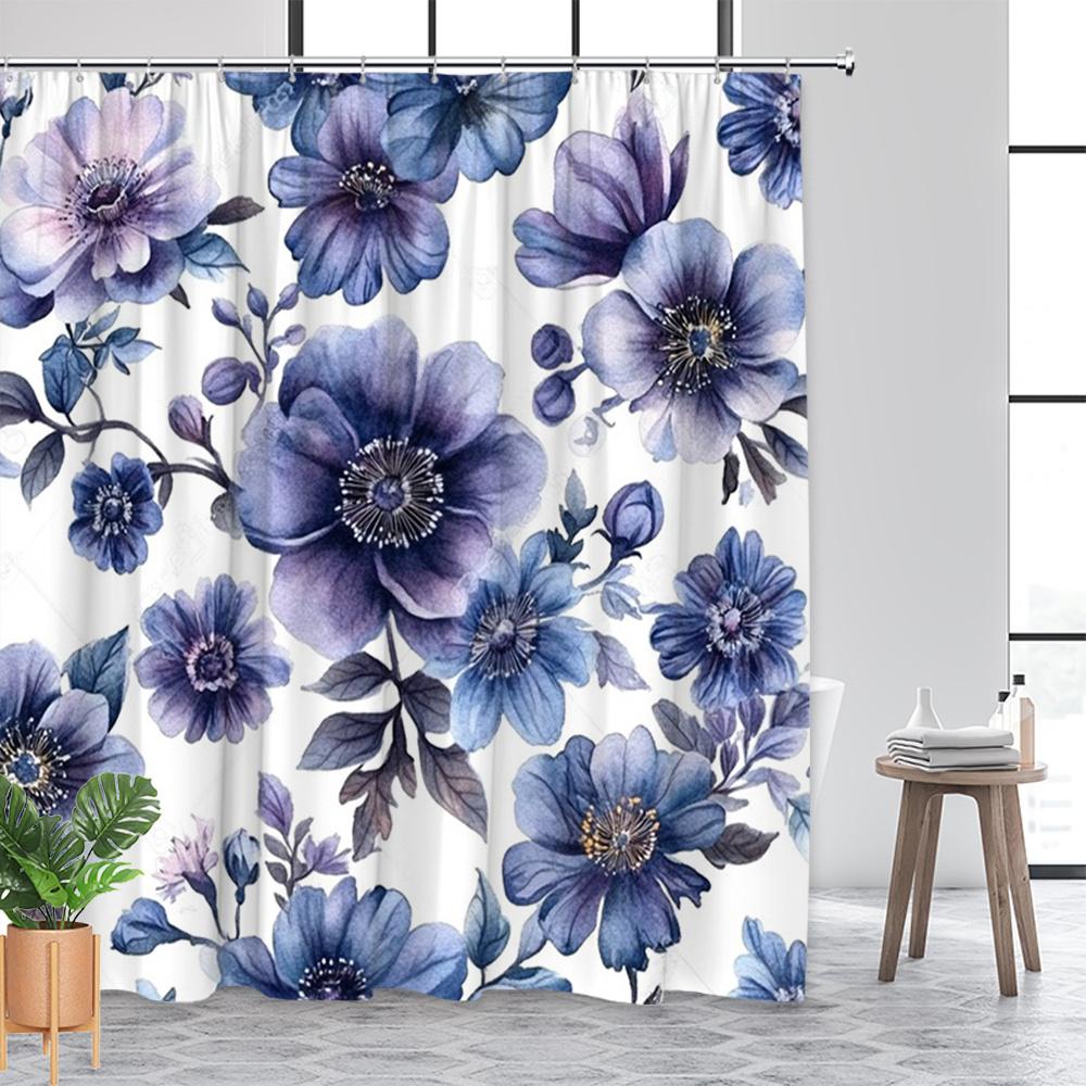 1Pc Elegant Lavender Blue Floral Shower Curtain - Polyester Fabric, Machine Washable, Suitable For Bathroom Decoration