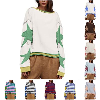 Женская толстовка большого размера с графическим принтом, длинный рукав, спущенное плечо, круглая рубашка, топы, винтажная одежда