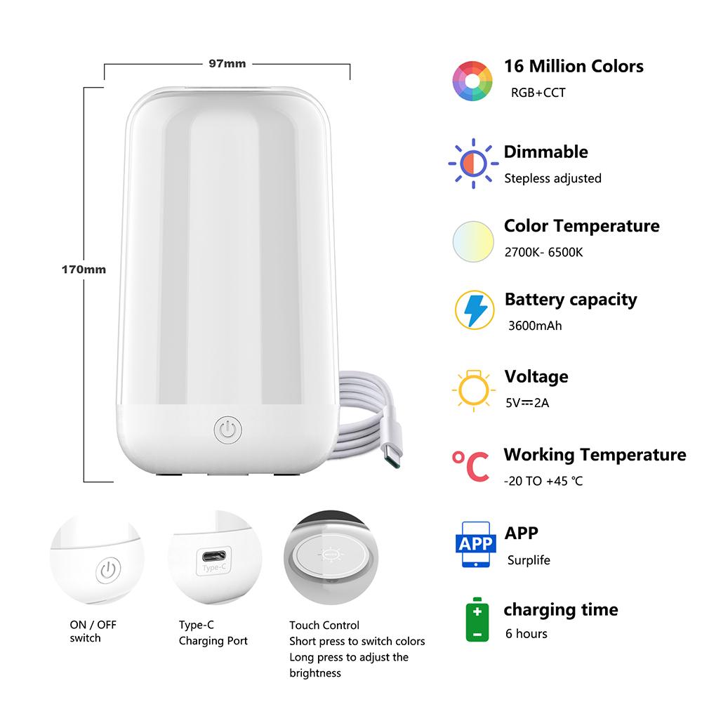 LED Night Light 7 Color Changing Smart Touch Control Bedside Table Lamp BT Remote Control 3600mAh