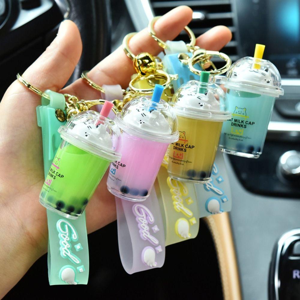 Bag Charm Cat Pearl Milk Tea Cup Keychain Key Chain Soft Drink Keyring Floating Drink Keyring