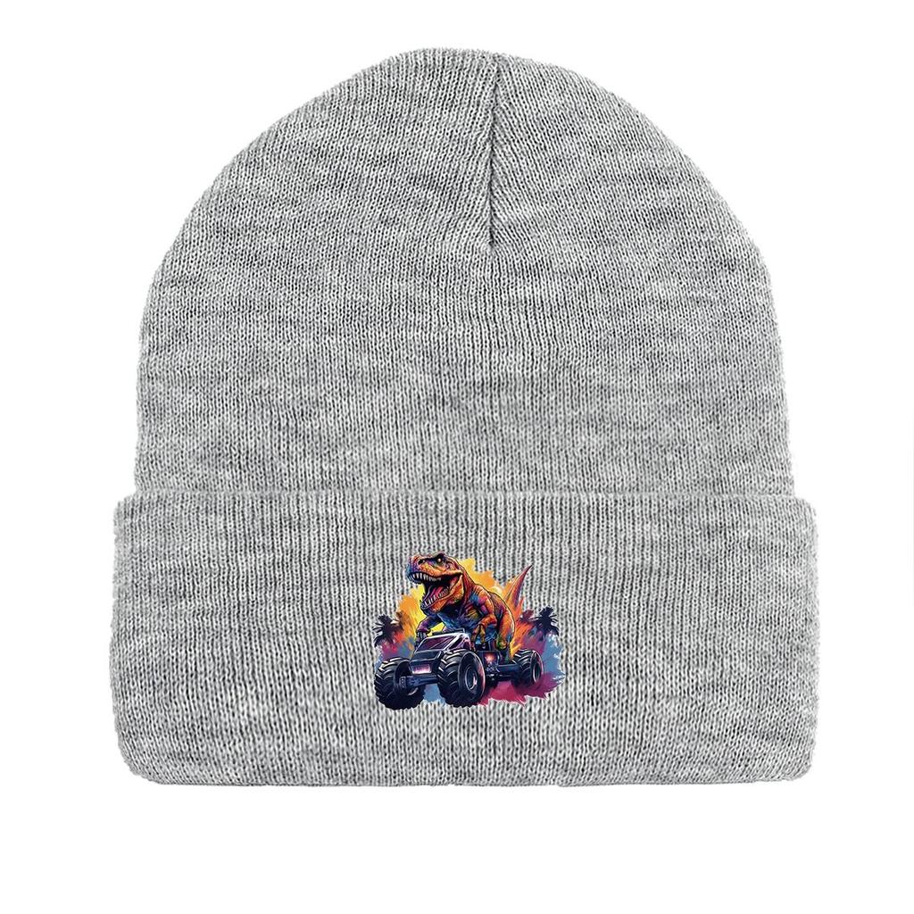 Monster Truck Dinosaur Print Knit Hat Beanie, Animal Skull Cap Stretchy Elastic Stylish Pompom Beanies Knitted Cap Beanie