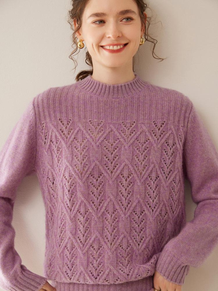 Women's 2025 Autumn/Winter Cashmere Sweater: Half-High Collar, Thick Knitwear, Hollow-Out Design