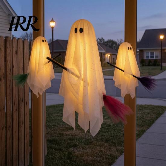Shimmering Star Pattern Decor 3 Pcs Halloween Ghost Decorations, Spooky Hanging with Broom, Decorative for Trees Large Flying White Tree Porch