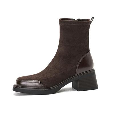 Осенне-зимняя обувь из ПУ-флока на толстом высоком каблуке, ботинки «Челси» с квадратным носком, европейский стиль, сохраняющие тепло, ботильоны