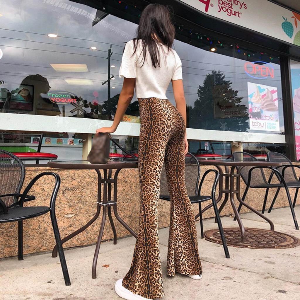 Women Casual Pants Leopard Print High Waisted Slim Fit Wide Leg Flare Pants