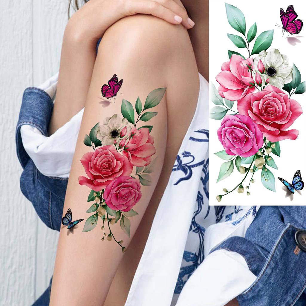 1 Sheet Snake Temporary Tattoos For Women Men Arm Leg Forearm Body Adults Rose Fake Flower Tattoo Sticker Waterproof Covers Up