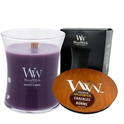 Свеча в банке WoodWick M - Свеча, которая трещит как костер - Подарок для женщин - Ароматическая композиция (Аметист и янтарь)