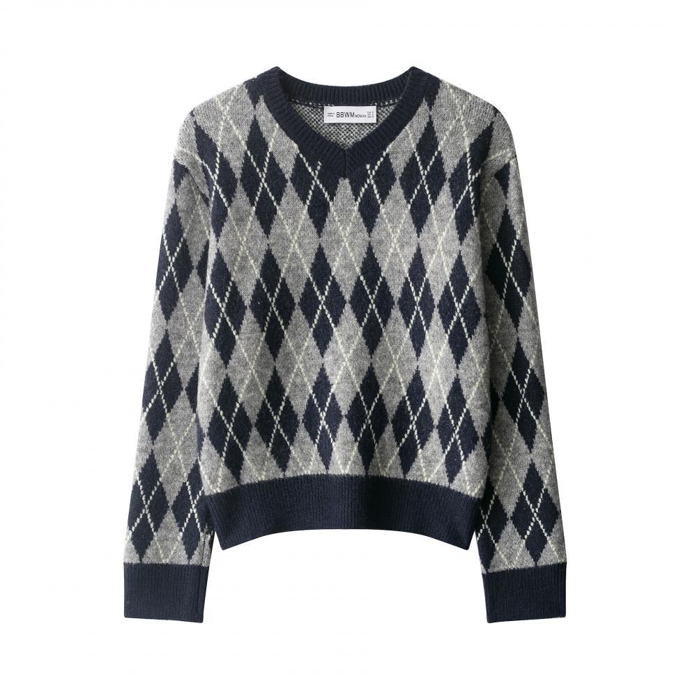 European and American style, new women's clothing, fashionable, versatile, cross-border daily rhombus pattern long-sleeved knitted sweater