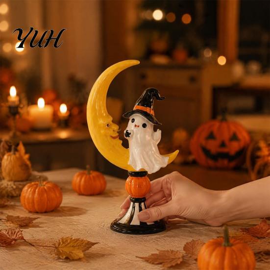 Halloween Ghost Ornaments And Moon Resin Ornaments, Cute Spooky Tabletop Figurine, Desktop Decorations Statue with Pumpkin Elements for Home
